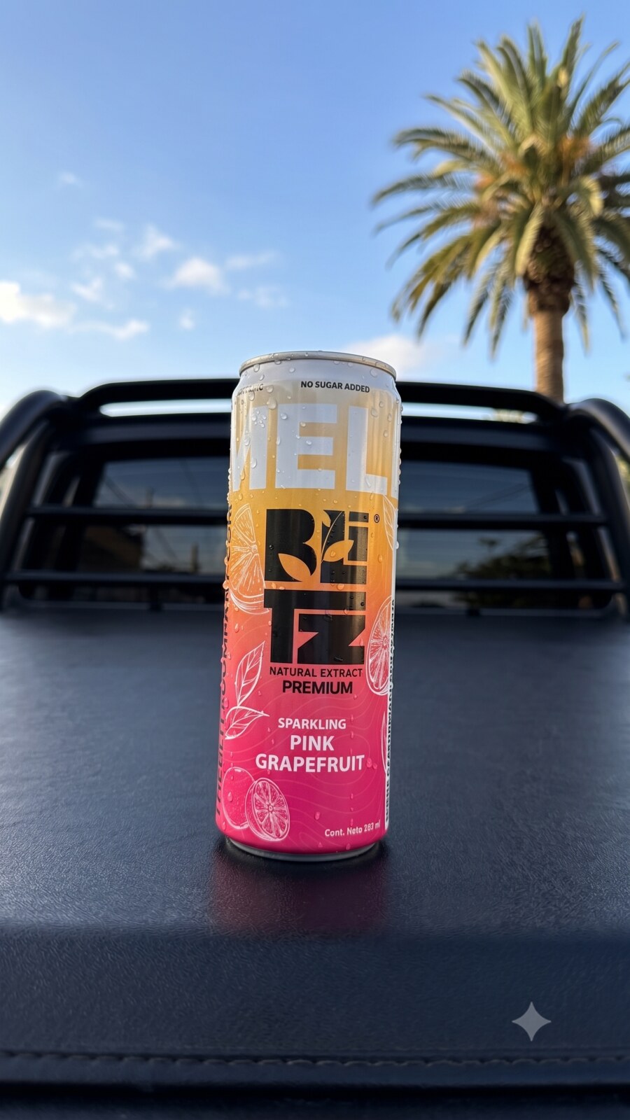 Lata BLITZ Pink Grapefruit sobre una camioneta